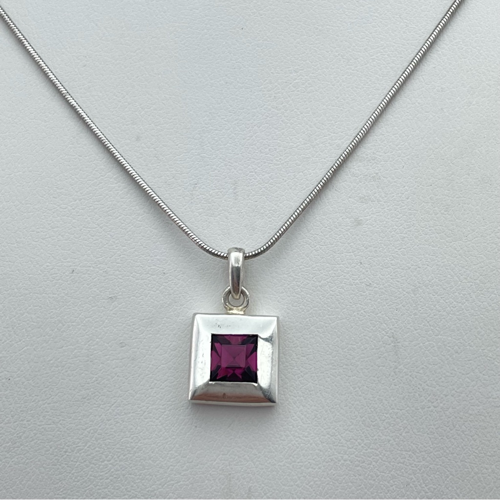 Elegant Sterling Silver Square Purple Stone Pendant Necklace 18”